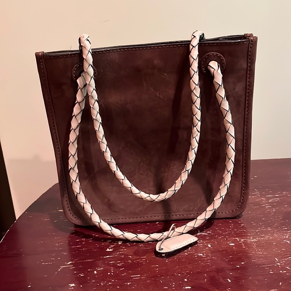 Angelo Handbags - Brown suede bag with tan leather braided straps